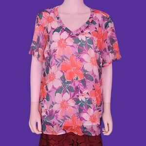 3/$30 D & CO Lavendar Tropical Floral Chiffon Blouse Size 1X